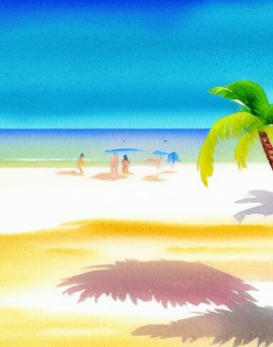 A painting of a beach with one palm tree