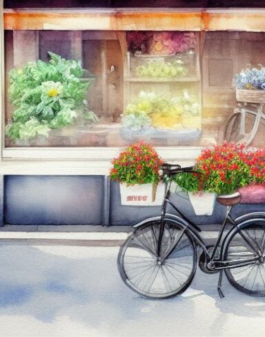 A painting of a bicycle parked in front of a flower shop