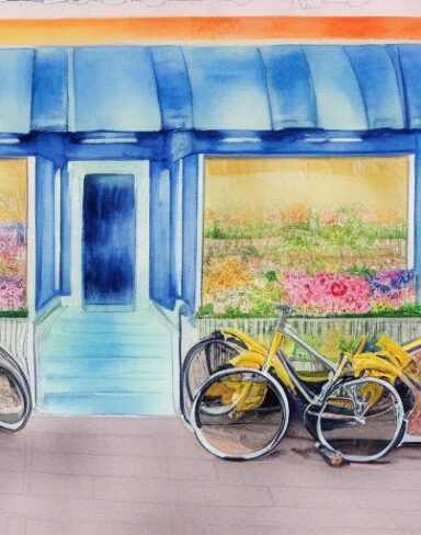 A painting of a bicycle parking in front of a flower shop