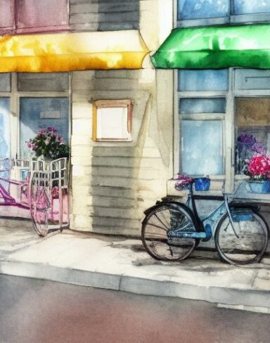 A painting of a bicycle parking in front of a flower shop