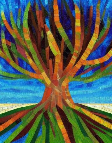 A painting of a big tree with a bright sky in the background