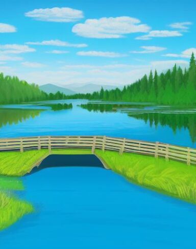 A painting of a bridge in the middle of a lake