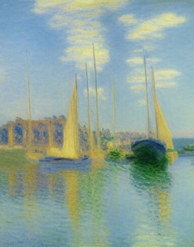 A painting of a building next to a body of water