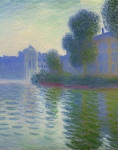 A painting of a building next to a body of water