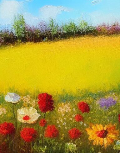 A painting of a bunch of flowers in a farmland