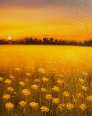 A painting of a bunch of yellow flowers in a field with sunset