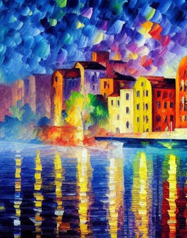 A painting of a city by the water