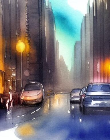 A painting of a city street with cars