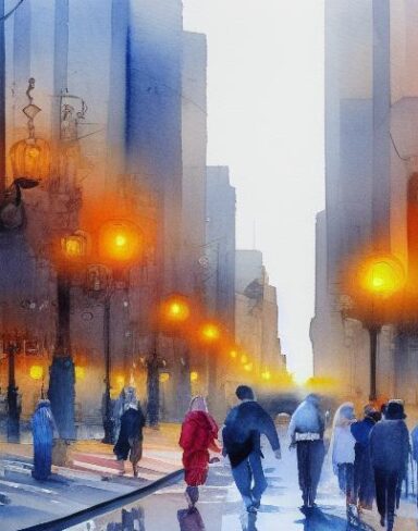 A painting of a city street with people