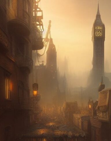 A painting of a city with a clock tower