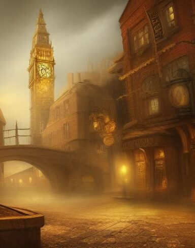 A painting of a city with a clock tower