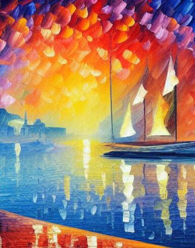 A painting of a city with boat in the water