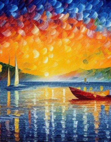 A painting of a city with boat in the water