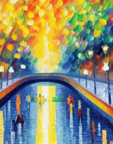 A painting of a city with human fishing near the river