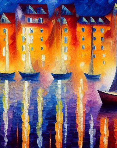 A painting of a city with little boats