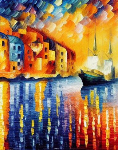 A painting of a city with ships