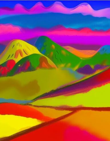 A painting of a colorful landscape with mountains and trees