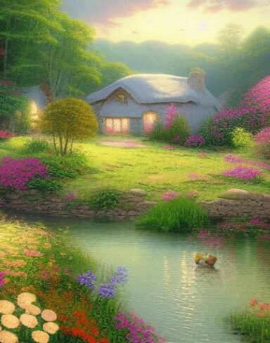 A painting of a cottage and a river