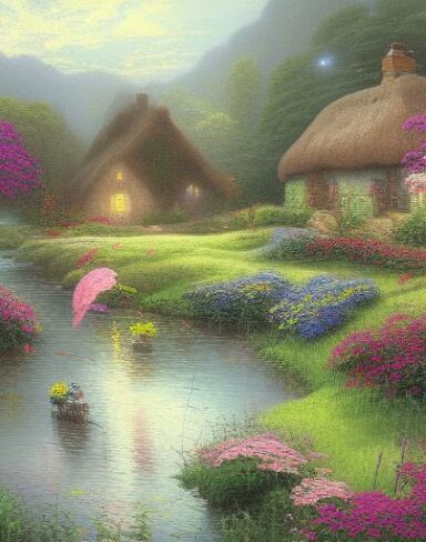 A painting of a cottage with a river and flowers