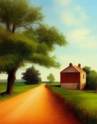A painting of a country road and farmers