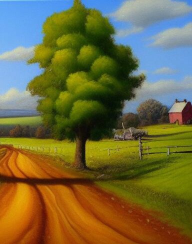 A painting of a country road with a farmer