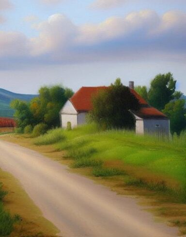 A painting of a country road with some houses
