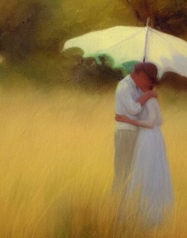 A painting of a couple in a grassland
