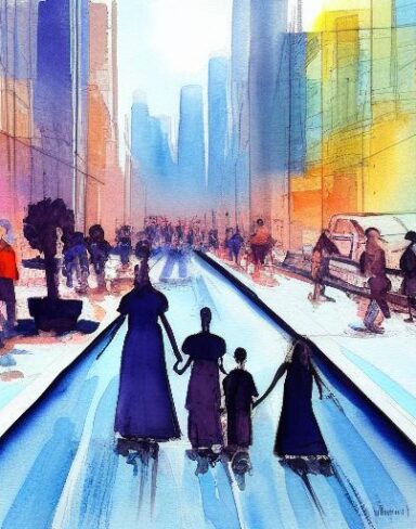 A painting of a family walking down a city street