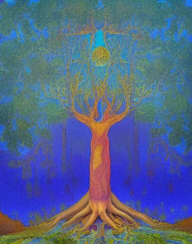 A painting of a giant tree and a blue sky in the background