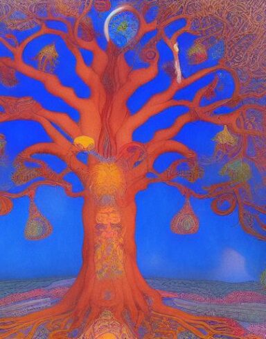 A painting of a giant tree with a blue sky in the background