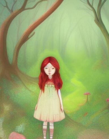 A painting of a girl standing in a forest