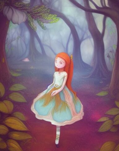 A painting of a girl standing in forest