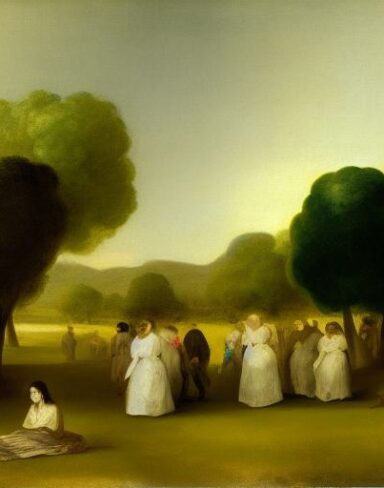 A painting of a group of people in a field with trees by Francisco de Holanda