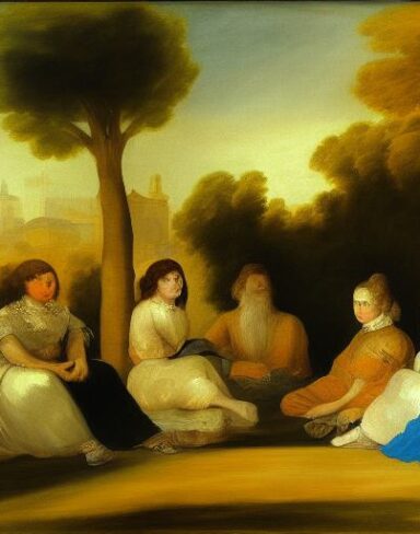 A painting of a group of people sitting on the grass by Francisco de Holanda