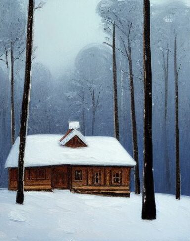 A painting of a house in a snowy forest in winter
