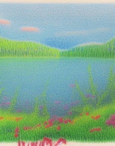 A painting of a lake surrounded by flowers