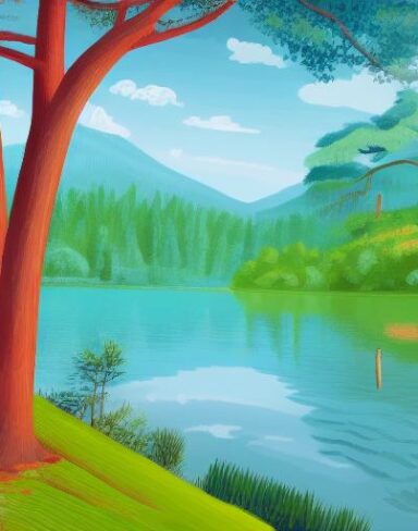 A painting of a lake surrounded with trees