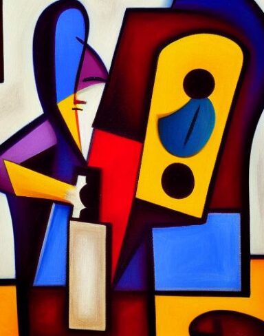 A painting of a man playing a guitar