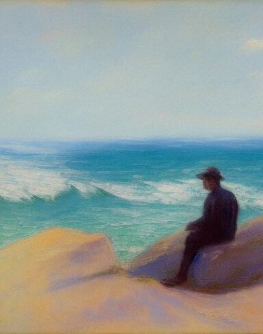 A painting of a man sitting on a rock by the ocean