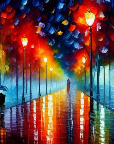 A painting of a raining city street at night