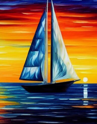 A painting of a sailboat with sunset and blue ocean
