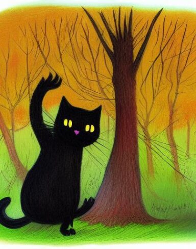 A painting of a smiling black cat climbing up a tree in the autumn forest
