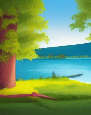 A painting of a tree near a lake