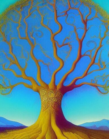 A painting of a tree with a bright and blue sky in the background