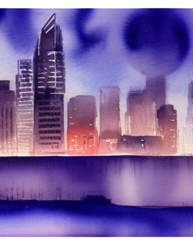 A painting of a view of a city and buildings at night with sky