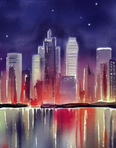 A painting of a view of a cityscape with night sky