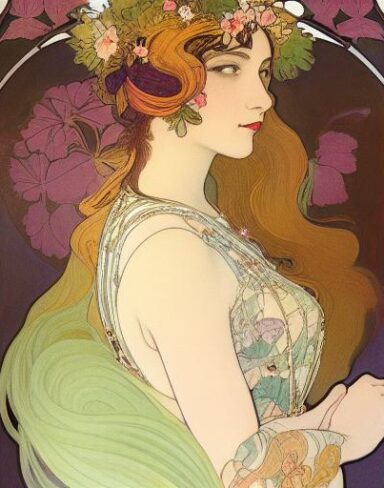 A painting of a woman with flowers in her hair