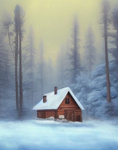A painting of a wood house in a snowy forest