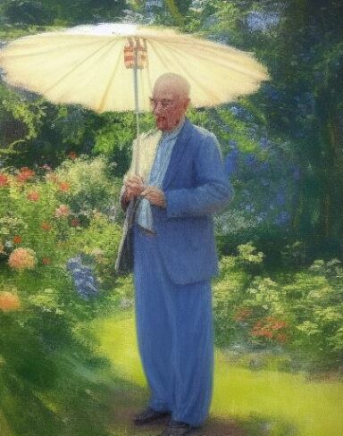 A painting of an old man in a garden