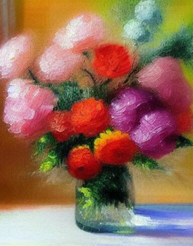 A painting of beautiful flowers in a vase